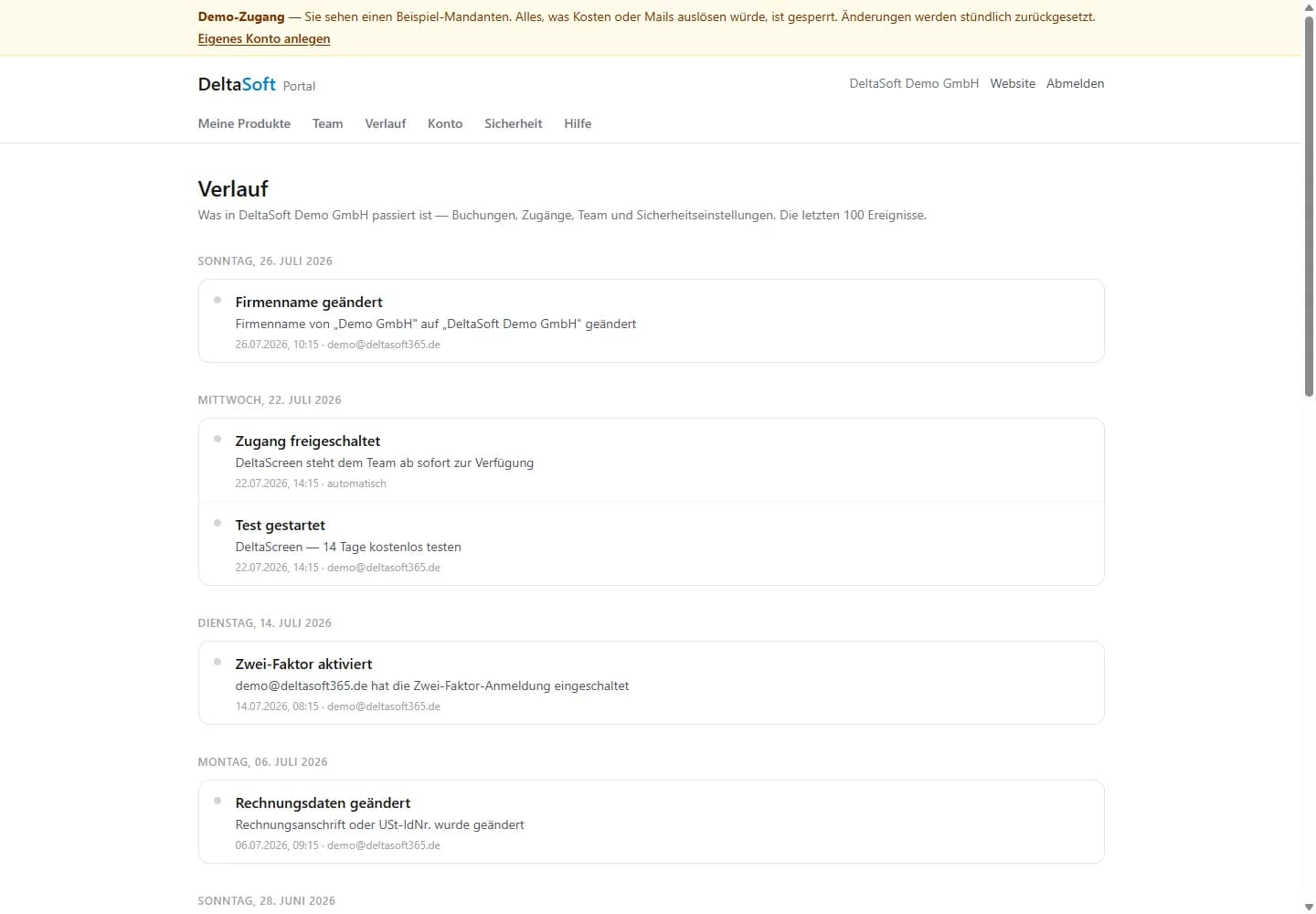 DeltaSoft Portal — Verlauf